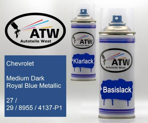 Chevrolet, Medium Dark Royal Blue Metallic, 27 / 29 / 8955 / 4137-P1: 400ml Sprühdose + 400ml Klarlack - Set, von ATW Autoteile West.